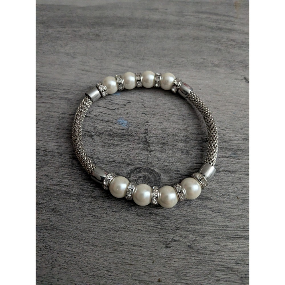 Silver Tone Mesh Stretch Bracelet White Faux Pearl Rhinestone Rondelle Accents